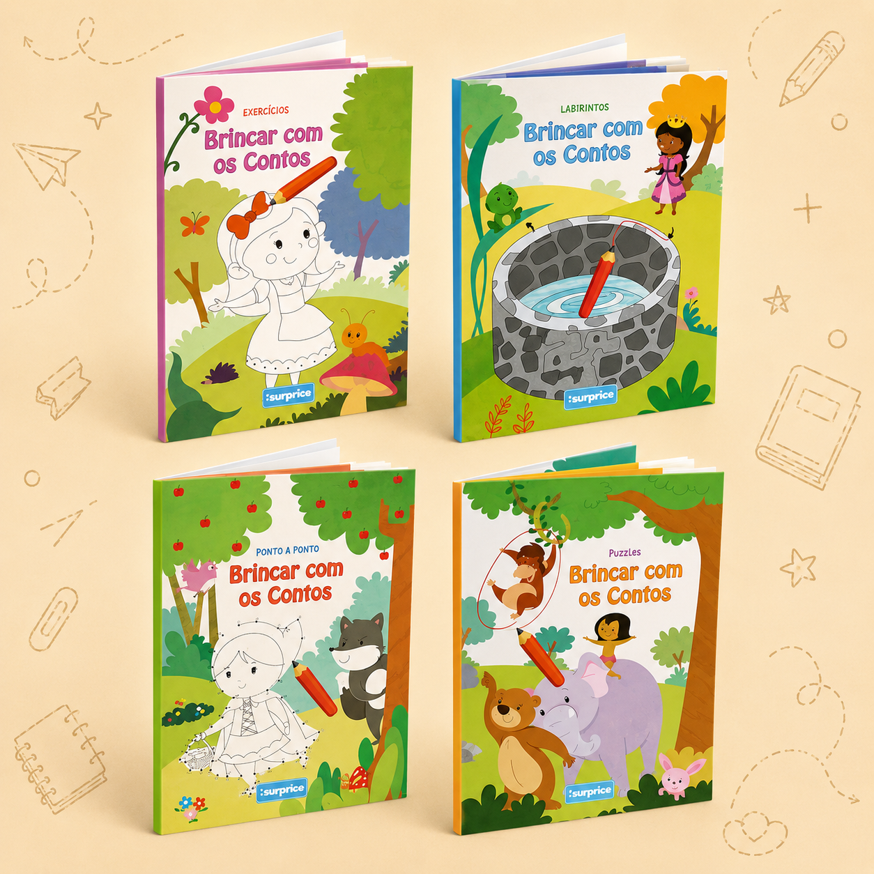 Kit Criativo Hábitos de Leitura - "Brincar com os Contos - Exercícios | Labirintos | Ponto a Ponto | Puzzles" - Com guia prático para o adulto acompanhar + Estojo TOTTO, Caderno A5, Bloco A5, Lápis de Cor Giotto e Material de Escrita.
