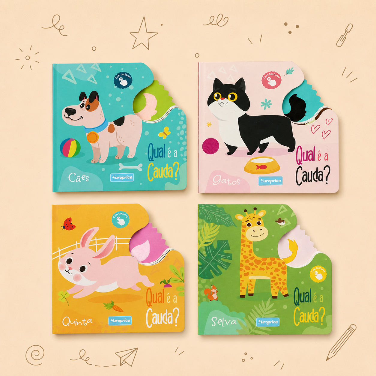 Kit Criativo Hábitos de Leitura - Contos "Qual é a Cauda? - Cães | Gatos | Quinta | Selva" - Com guia prático para o adulto acompanhar + Estojo TOTTO, Caderno A5, Bloco A5, Lápis de Cor Giotto e Material de Escrita.