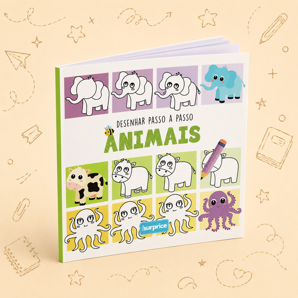 Kit Criativo Hábitos de Leitura - "Desenhar Passo a Passo - Animais" - Com guia prático para o adulto acompanhar + Estojo TOTTO, Caderno A5, Bloco A5, Lápis de Cor Giotto e Material de Escrita.