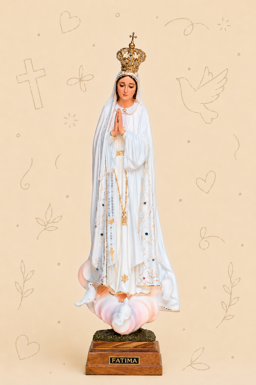 Imagem de Nossa Senhora de Fátima 23 cm em Poliestireno Reciclado | Pintada à Mão com Olhos em Cristal