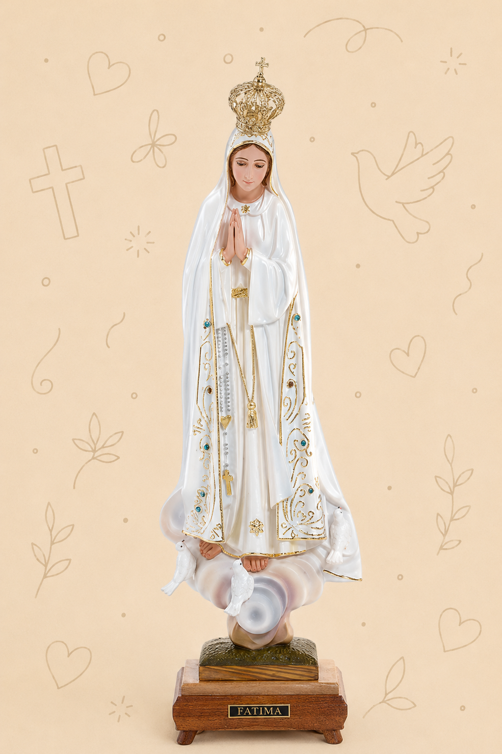 Imagem de Nossa Senhora de Fátima 26 cm com Música | Pintada à Mão, Olhos em Cristal