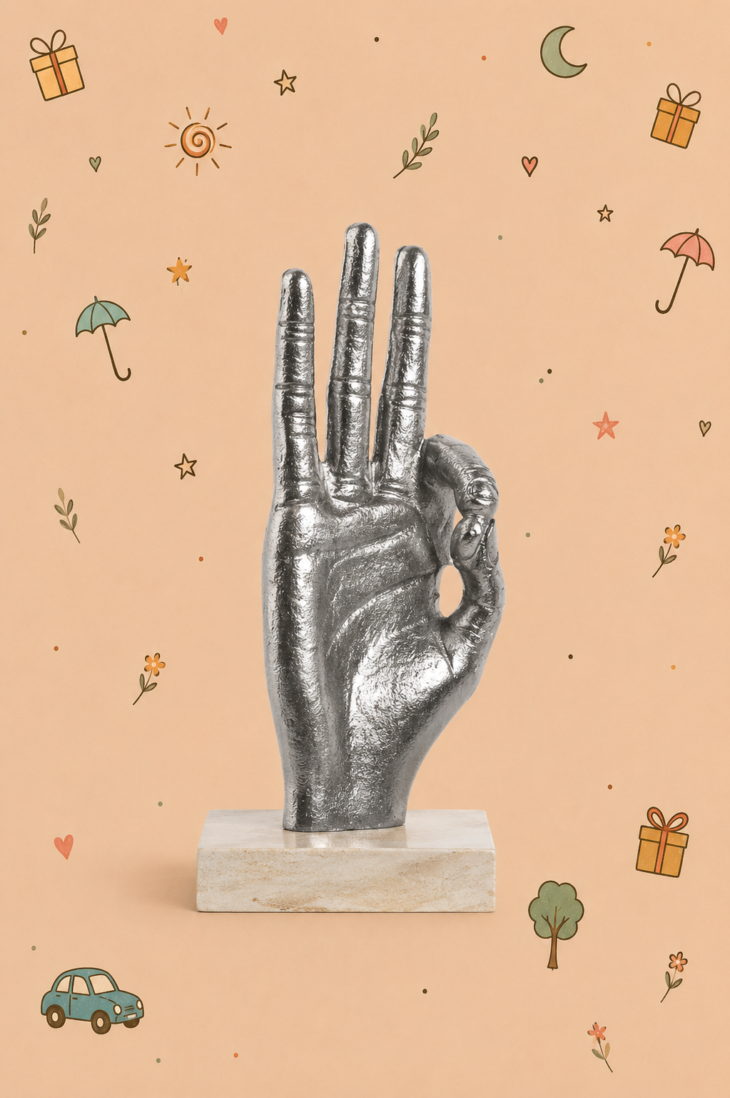 Escultura Decorativa "OK" – Mão em Alumínio e base em Madeira