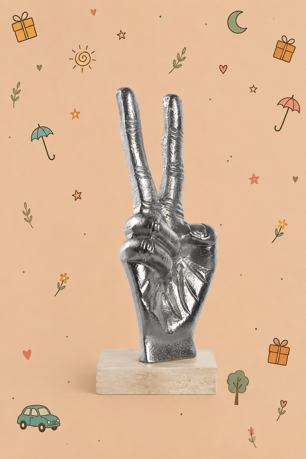 Escultura Decorativa "Paz" – Mão em Alumínio e base em Madeira