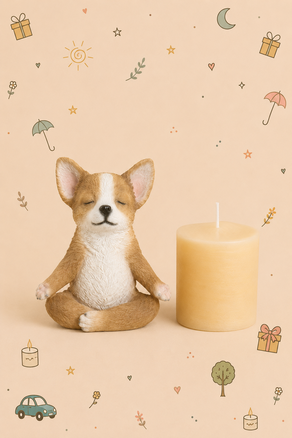 Conjunto Decorativo - Cão Zen em Meditação | com Vela Relaxante | Disponível em 3 modelos