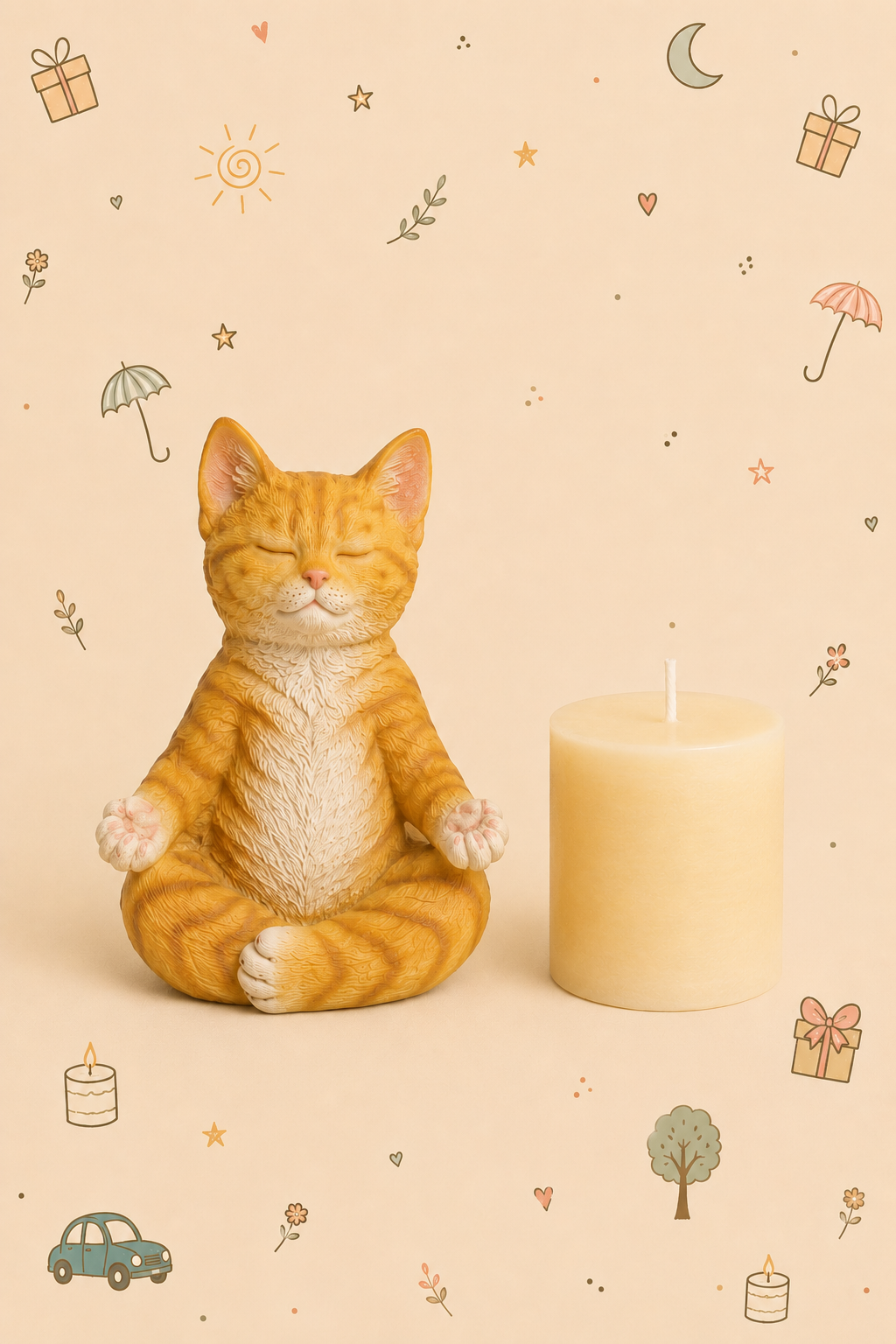 Conjunto Decorativo - Gato Zen em Meditação | com Vela Relaxante | Disponível em 3 modelos