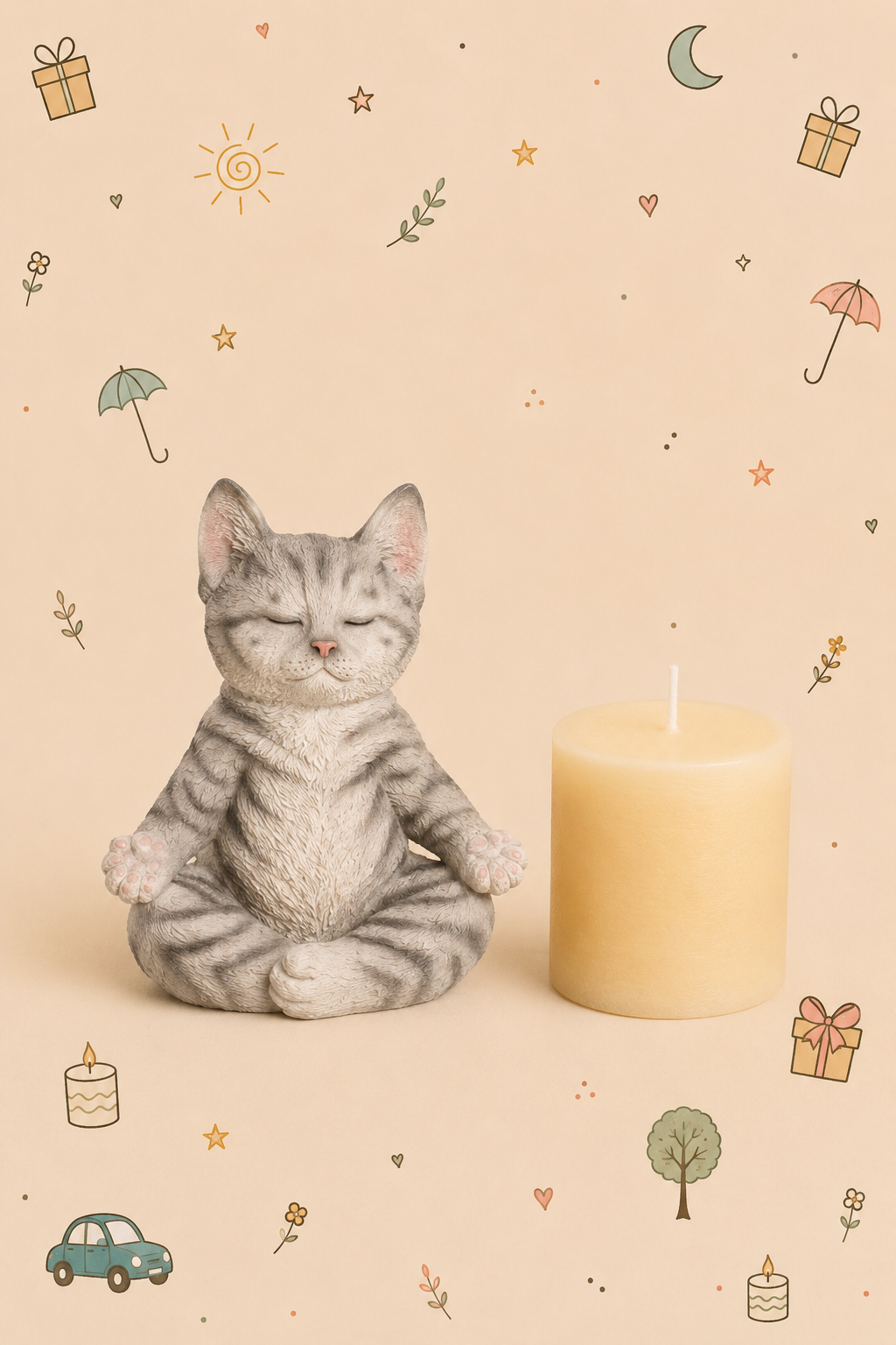 Conjunto Decorativo - Gato Zen em Meditação | com Vela Relaxante | Disponível em 3 modelos