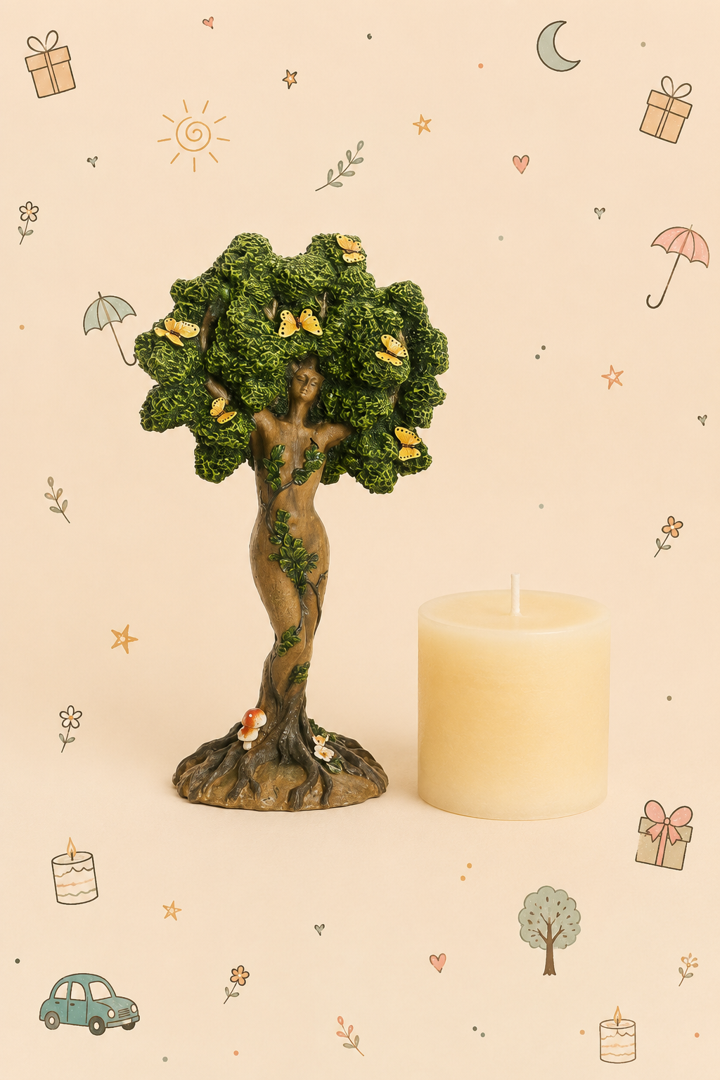Kit Decorativo "Árvore Mãe Natureza" – Escultura em Resina e Vela Marfim