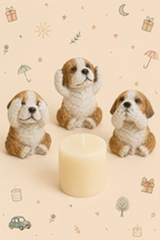 Conjunto Decorativo "Os Três Cães Sábios" Cego/Surdo/Mudo - com Vela marfim
