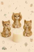 Conjunto Decorativo "Os Três Gatos Sábios" Cego/Surdo/Mudo - com Vela marfim