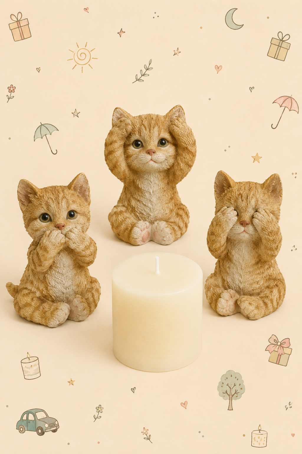 Conjunto Decorativo "Os Três Gatos Sábios" Cego/Surdo/Mudo - com Vela marfim