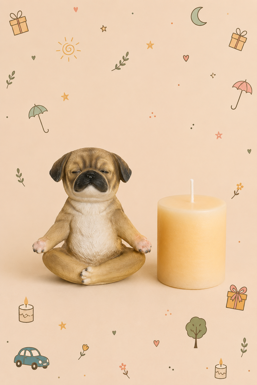 Conjunto Decorativo - Cão Zen em Meditação | com Vela Relaxante | Disponível em 3 modelos