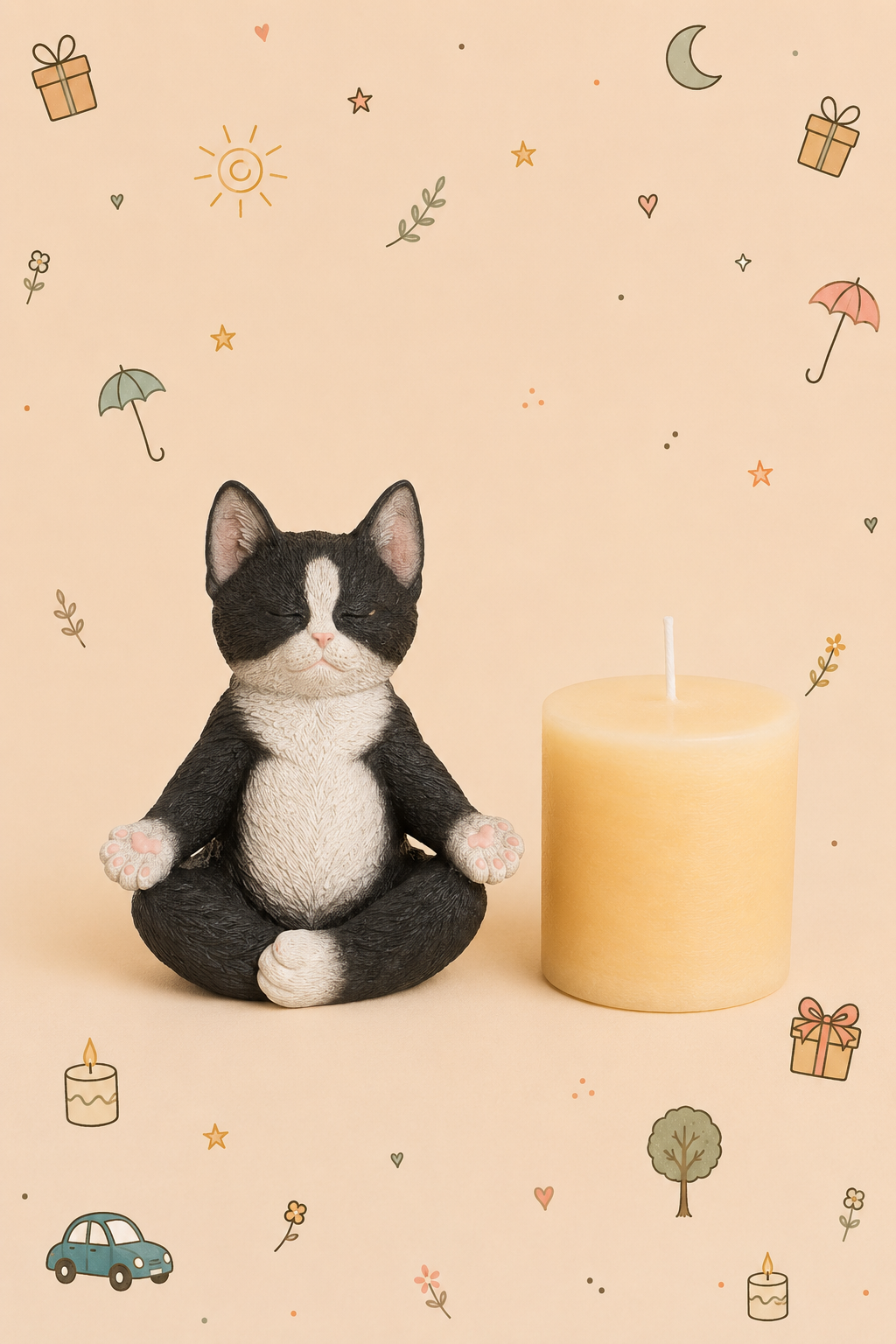 Conjunto Decorativo - Gato Zen em Meditação | com Vela Relaxante | Disponível em 3 modelos