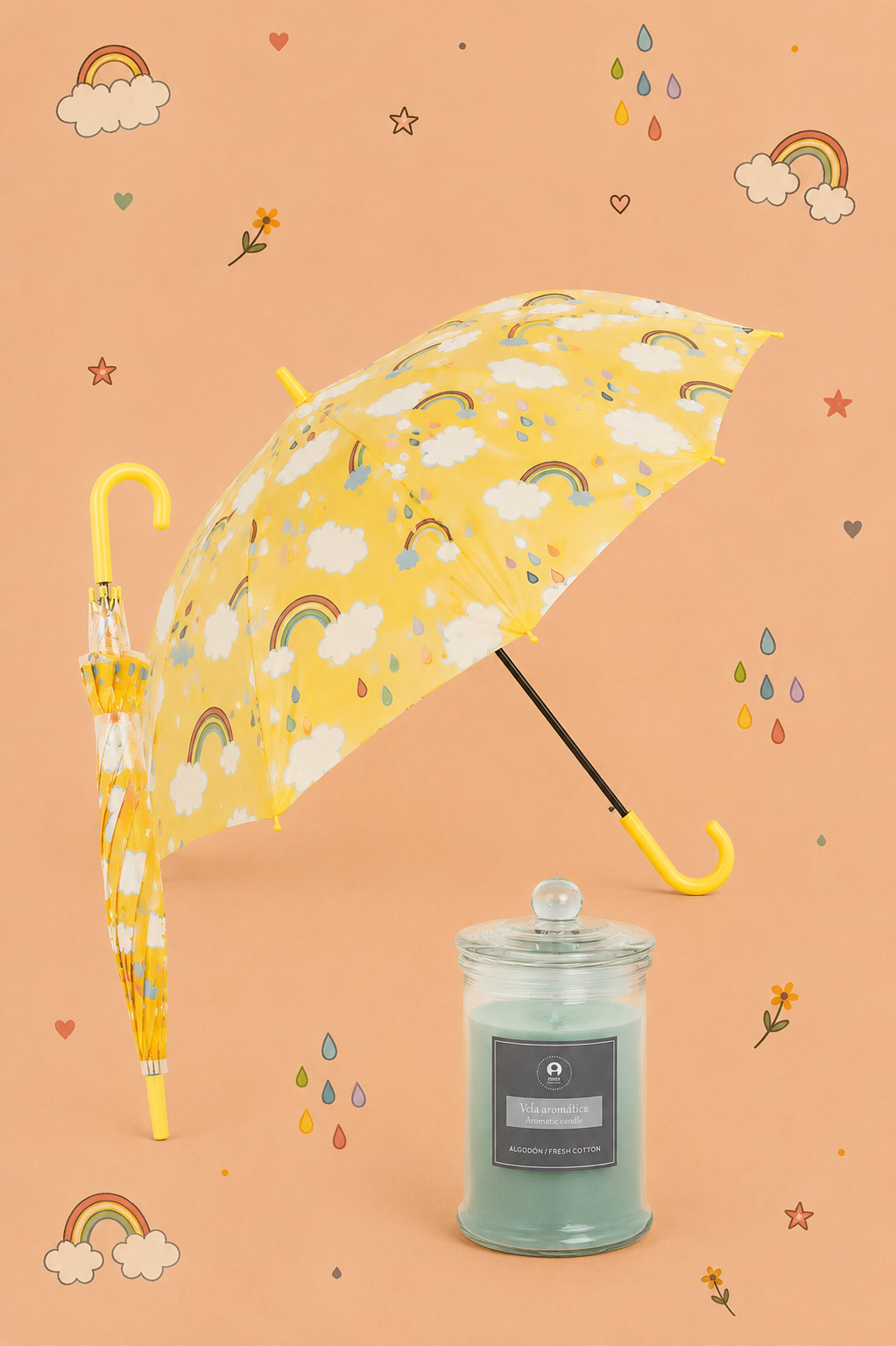 Kit Rainbow - Proteção, Luz e Boas Energias  | Chapéu de Chuva com Arco-Íris e Vela Perfumada | Disponível em 3 Cores