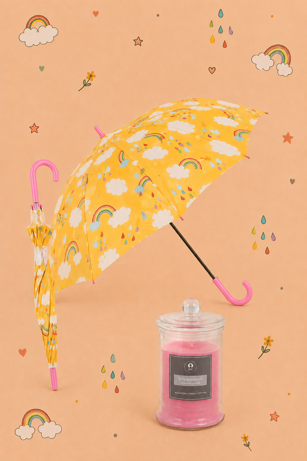 Kit Rainbow - Proteção, Luz e Boas Energias  | Chapéu de Chuva com Arco-Íris e Vela Perfumada | Disponível em 3 Cores