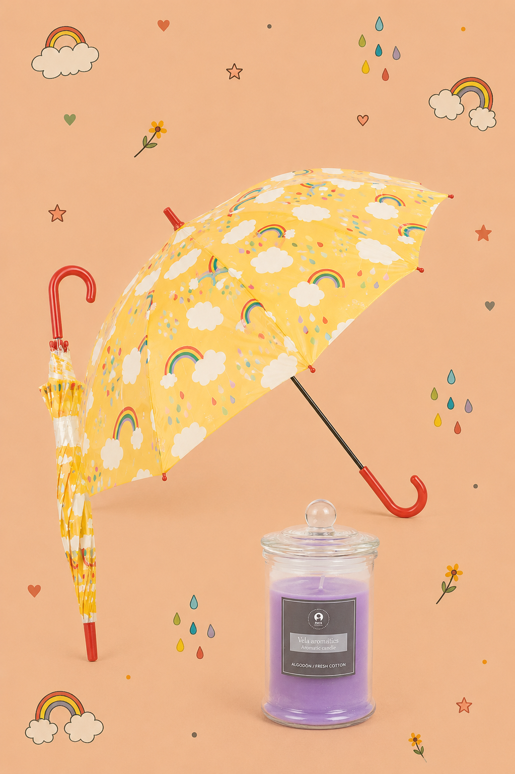Kit Rainbow - Proteção, Luz e Boas Energias  | Chapéu de Chuva com Arco-Íris e Vela Perfumada | Disponível em 3 Cores