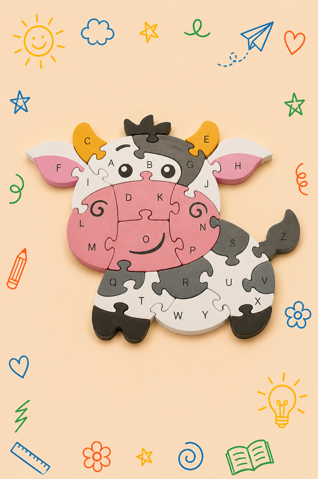 Kit Criativo Puzzle Vaca| Guia prático para o adulto acompanhar | Material de desenho e escrita