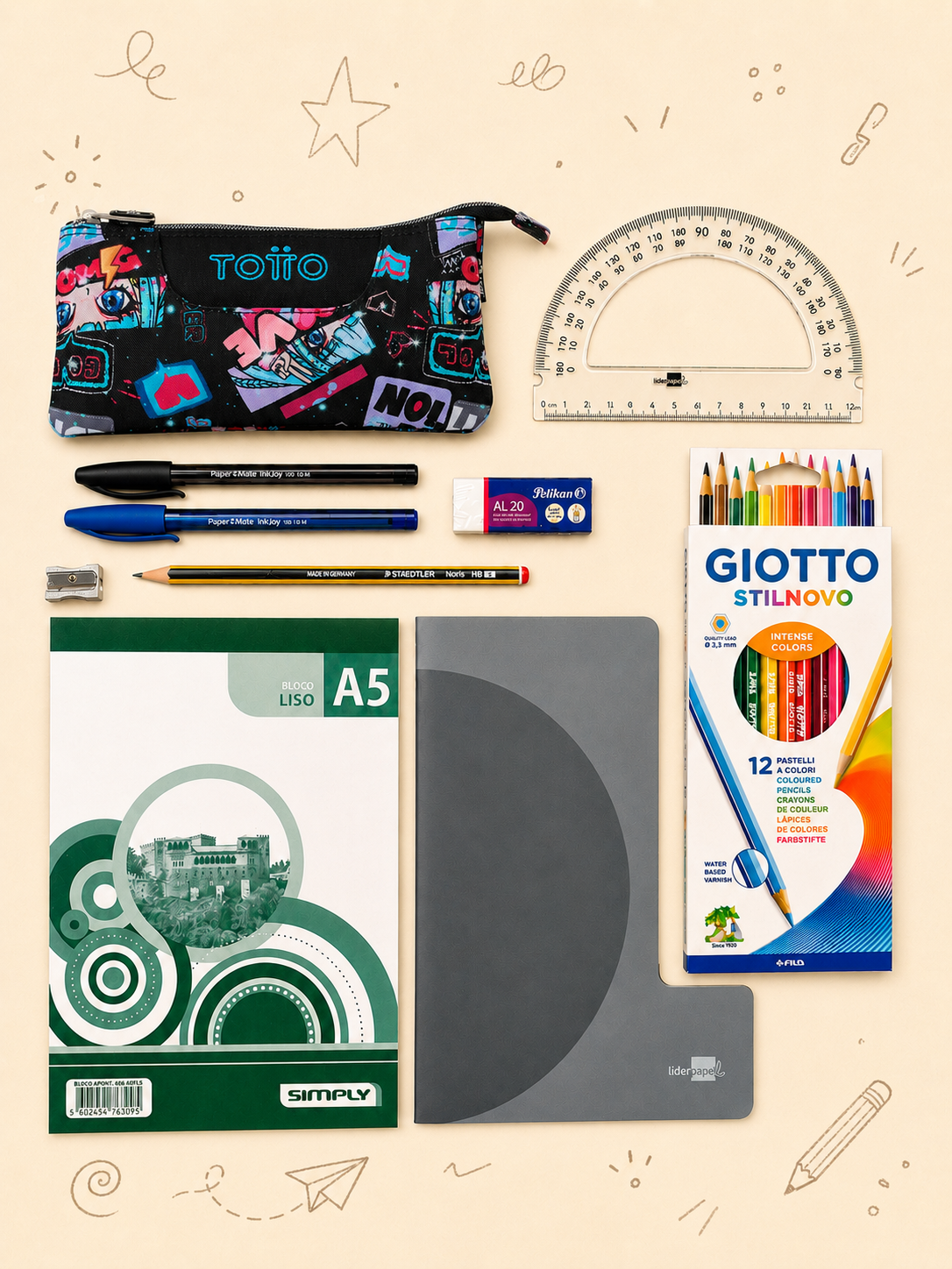 Kit Criativo Hábitos de Leitura – "As Minhas Aventuras" + Estojo TOTTO | Caderno A5 | Bloco A5 | Lápis de Cor Giotto | Acessórios de Escrita.