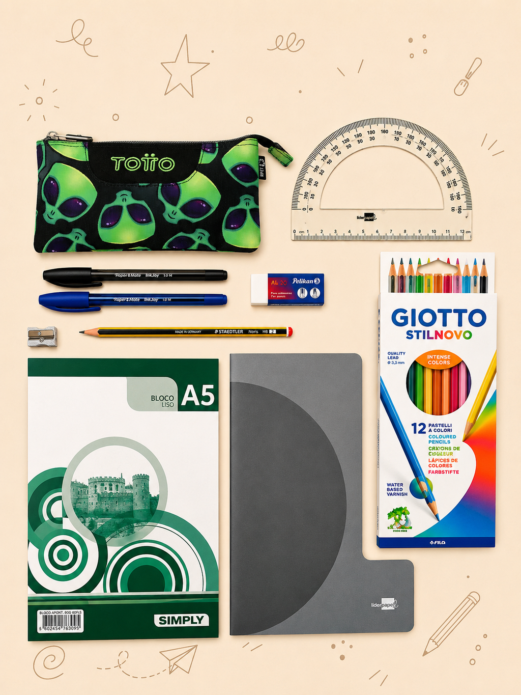 Kit Escolar ALIENS | Estojo TOTTO, Caderno A5, Bloco A5, Lápis de Cor Giotto e Material de Escrita
