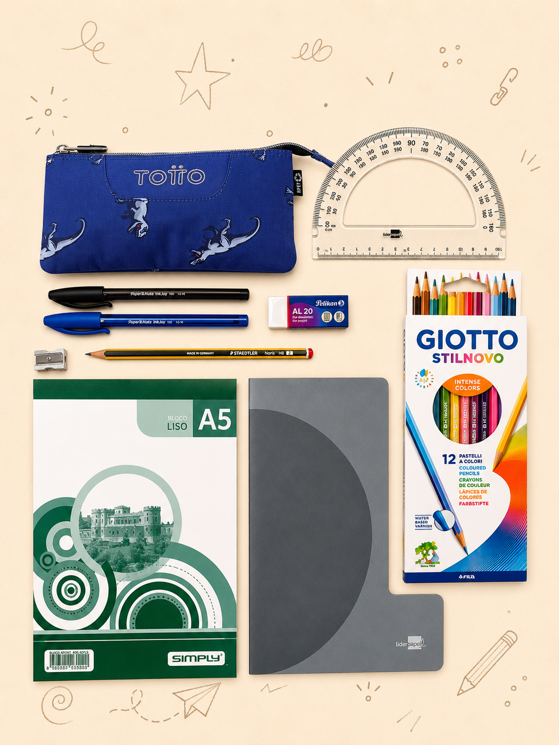 Kit Criativo Hábitos de Leitura – "As Minhas Aventuras" + Estojo TOTTO | Caderno A5 | Bloco A5 | Lápis de Cor Giotto | Acessórios de Escrita.
