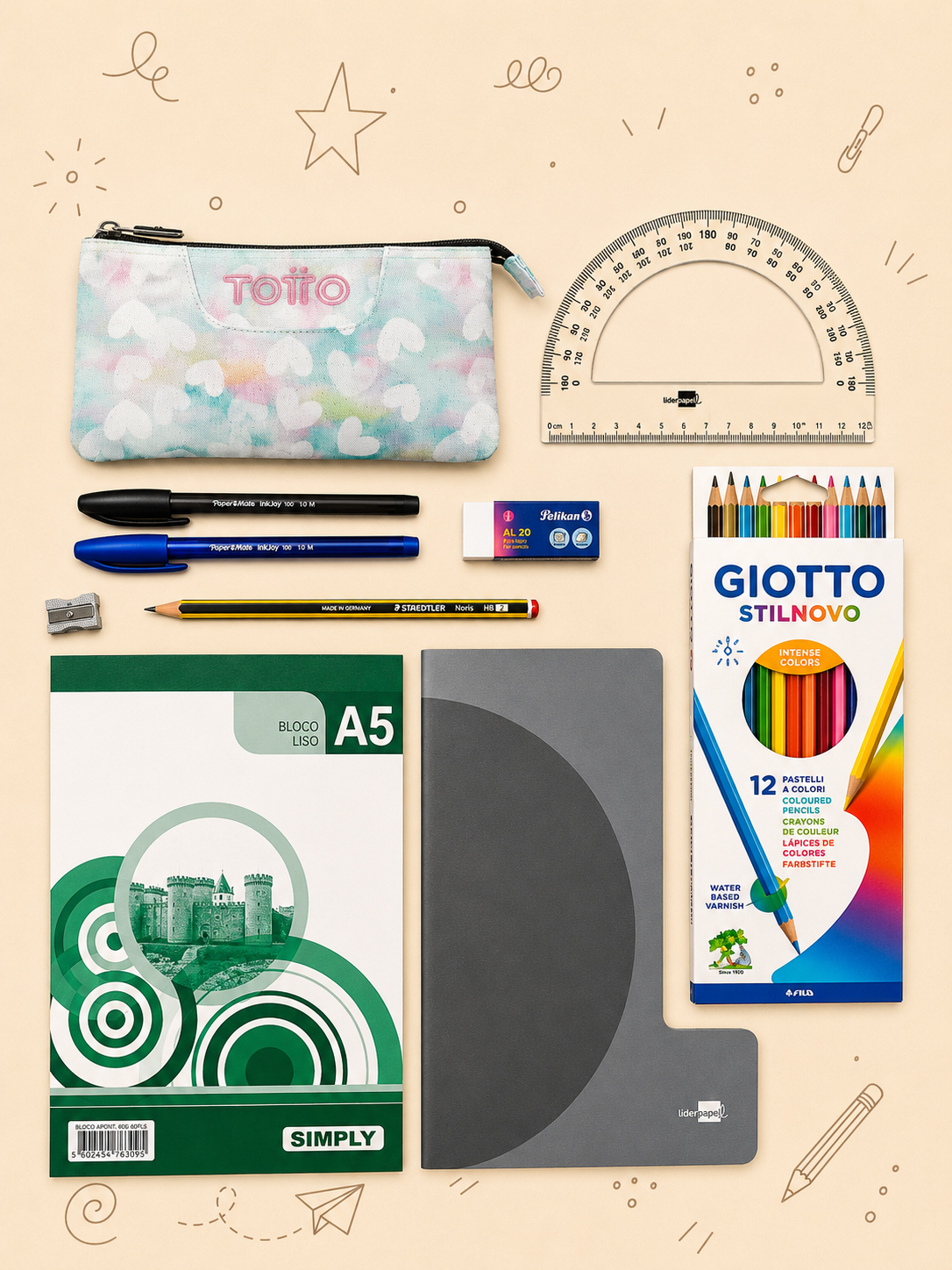 Kit Criativo Hábitos de Leitura - Contos "Qual é a Cauda? - Cães | Gatos | Quinta | Selva" - Com guia prático para o adulto acompanhar + Estojo TOTTO, Caderno A5, Bloco A5, Lápis de Cor Giotto e Material de Escrita.