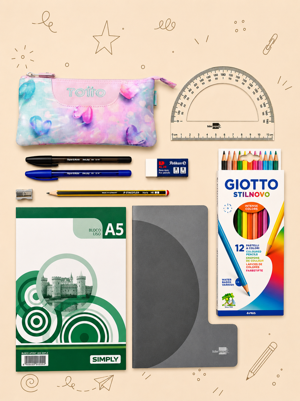 Kit Criativo Hábitos de Leitura – "As Minhas Aventuras" + Estojo TOTTO | Caderno A5 | Bloco A5 | Lápis de Cor Giotto | Acessórios de Escrita.