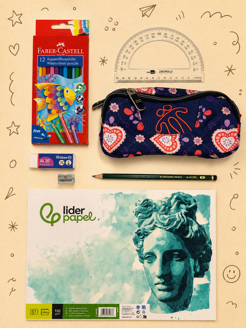 Kit Criativo "Calm and Peace – Colouring Ocean" + Estojo TOTTO | Bloco de Desenho | Lápis de Cor FABER-CATELL | Acessórios para desenhar