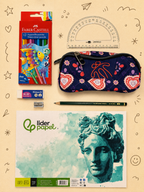 Kit Criativo "Calm and Peace – Colouring Ocean" + Estojo TOTTO | Bloco de Desenho | Lápis de Cor FABER-CATELL | Acessórios para desenhar