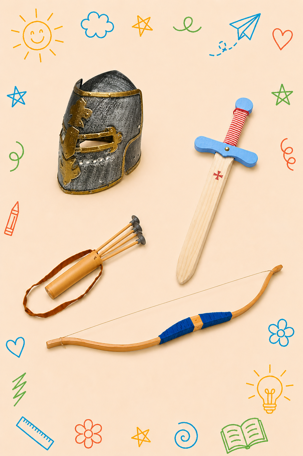 Kit Criativo Educativo - Medieval | Capacete, Espada, Arco e Flechas | Guia prático para o adulto acompanhar | Acessórios para desenho e escrita