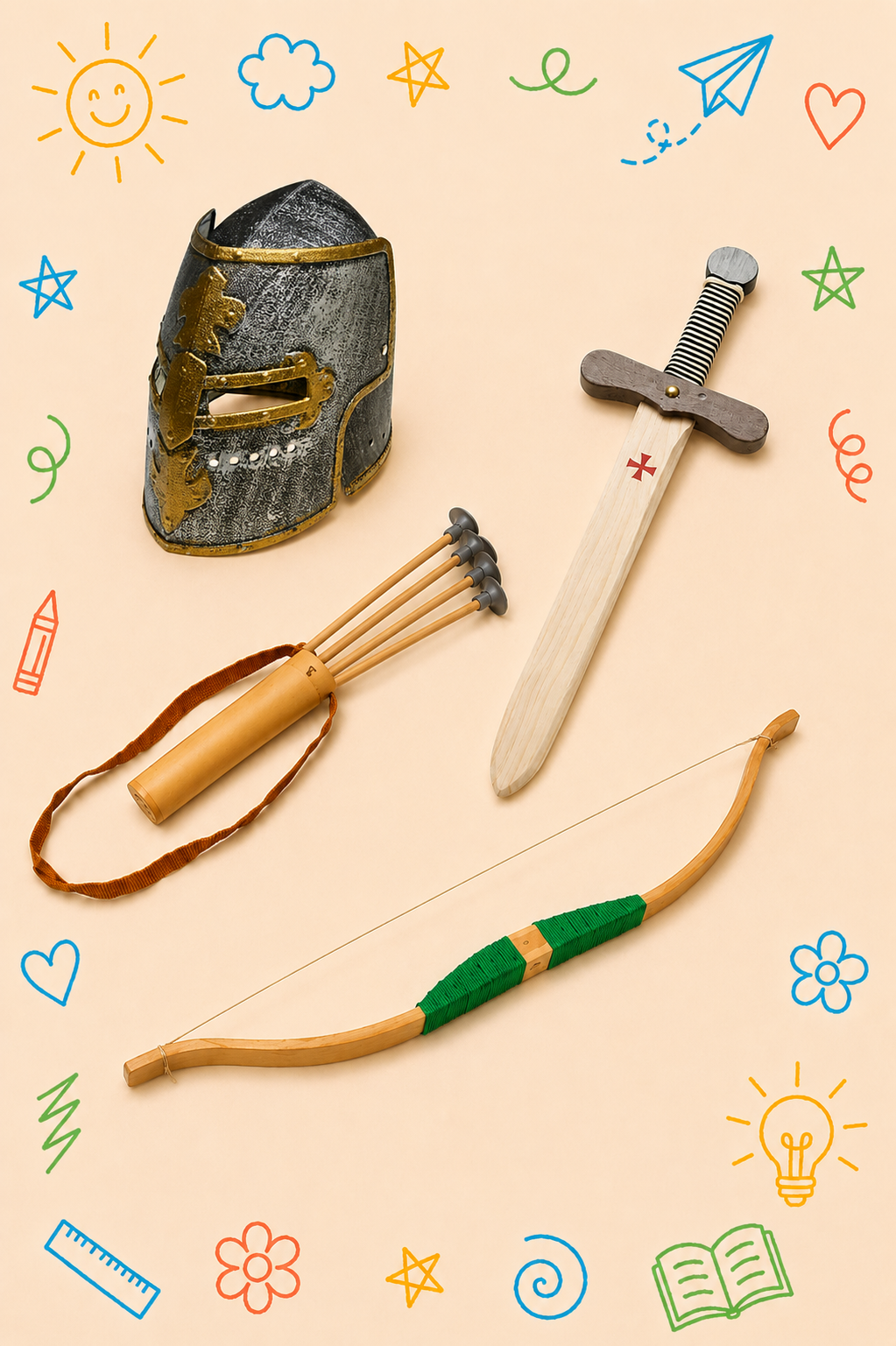 Kit Criativo Educativo - Medieval | Capacete, Espada, Arco e Flechas | Guia prático para o adulto acompanhar | Acessórios para desenho e escrita