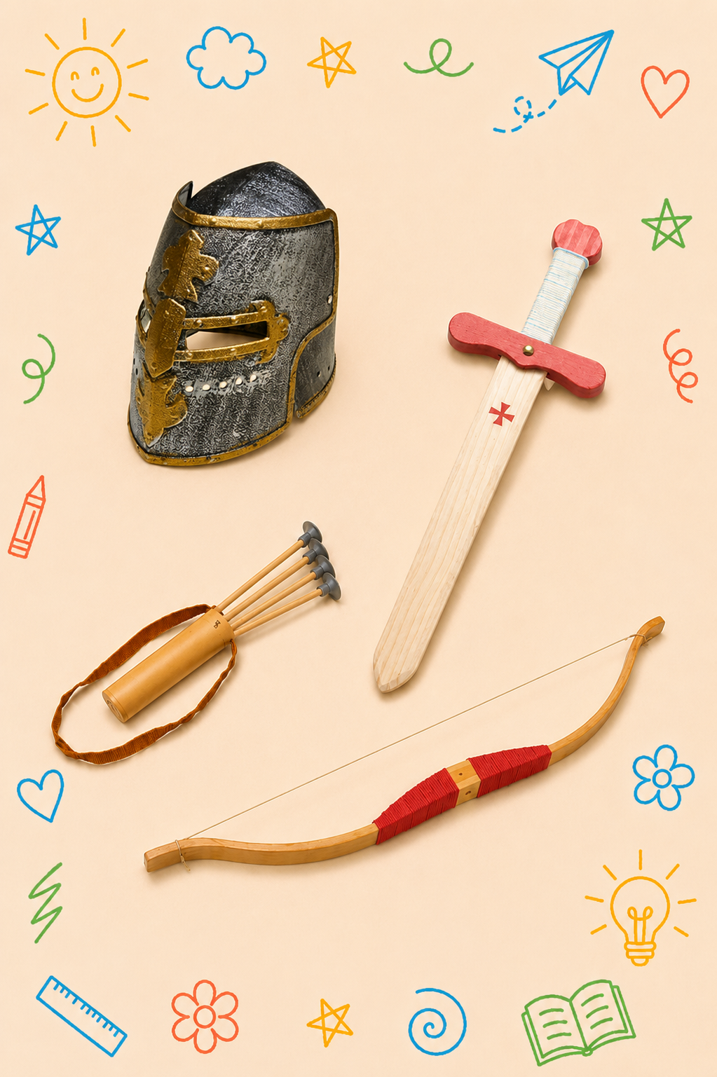Kit Criativo Educativo - Medieval | Capacete, Espada, Arco e Flechas | Guia prático para o adulto acompanhar | Acessórios para desenho e escrita