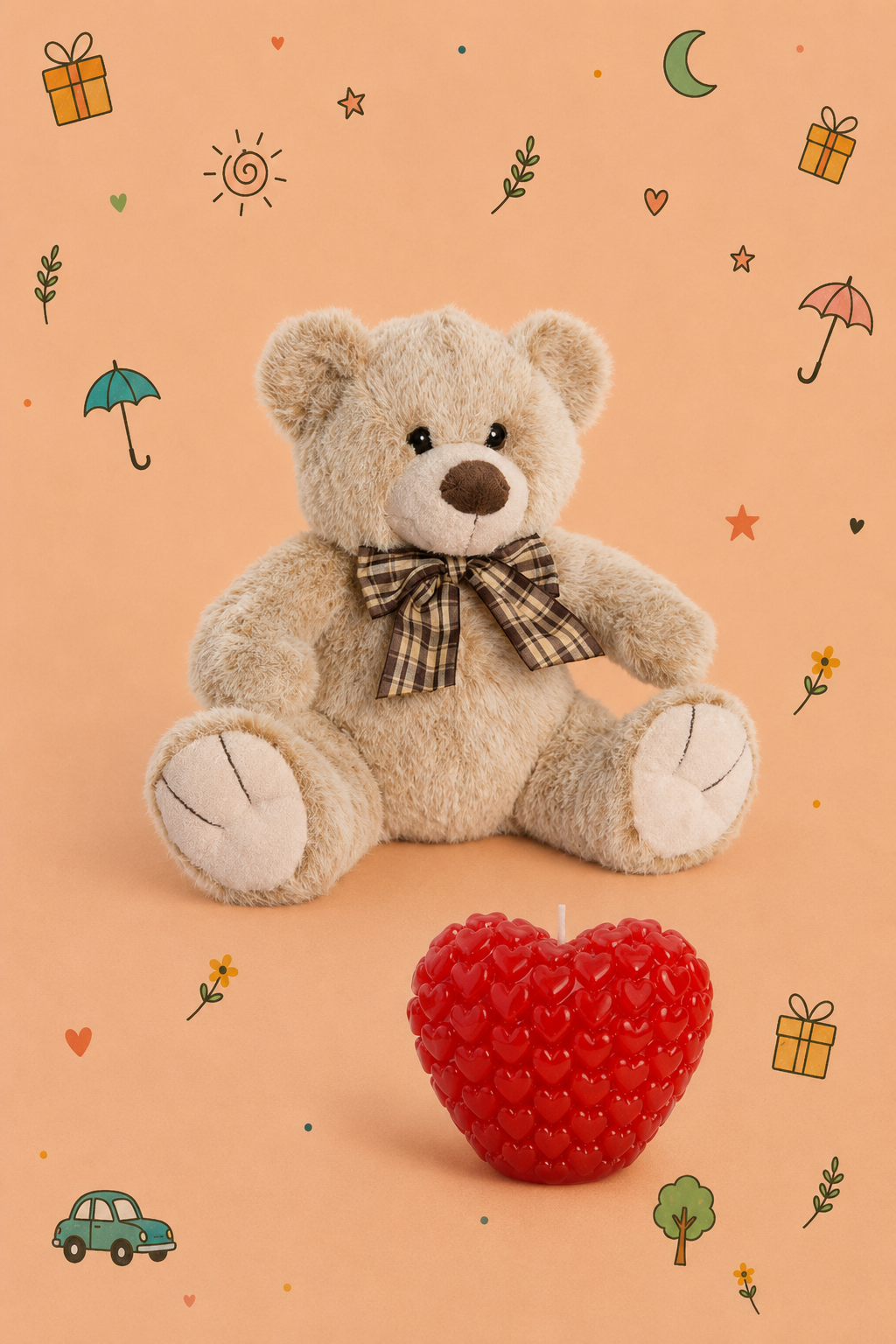 Kit Ursinho do Coração | Peluche e Vela Decorativa Coração | Urso Disponível em 2 Cores