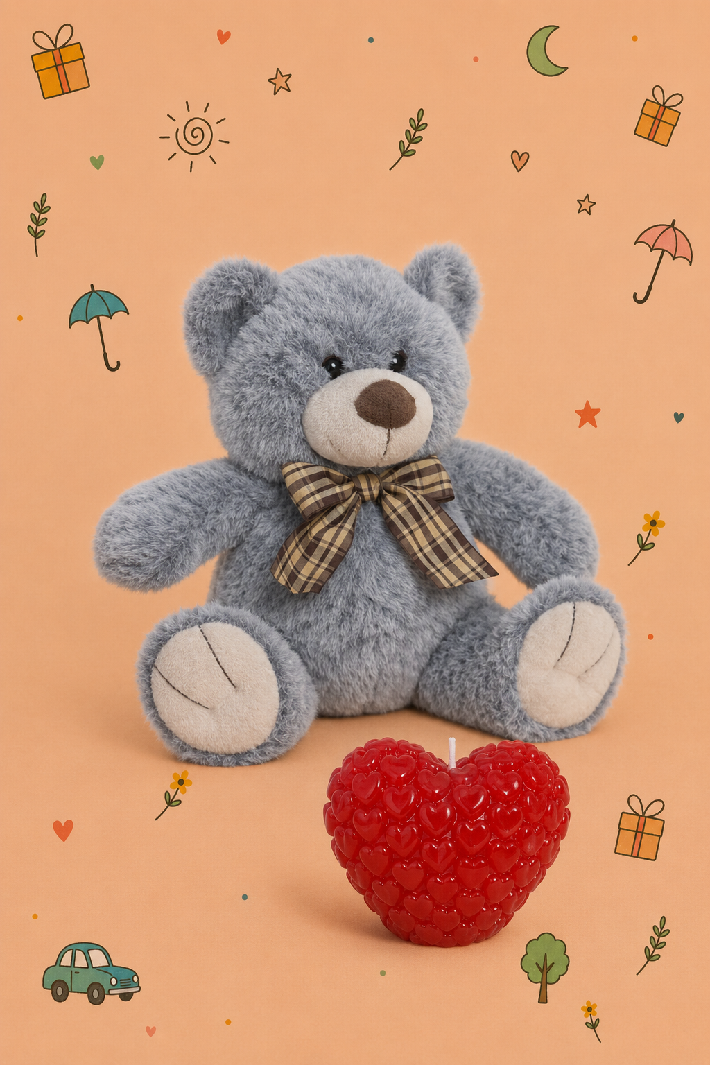 Kit Ursinho do Coração | Peluche e Vela Decorativa Coração | Urso Disponível em 2 Cores