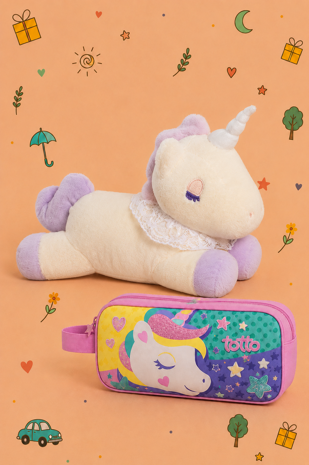 Kit Unicórnio Peluche + Estojo Duplo TOTTO | Presente Infantil | Disponível em 2 cores