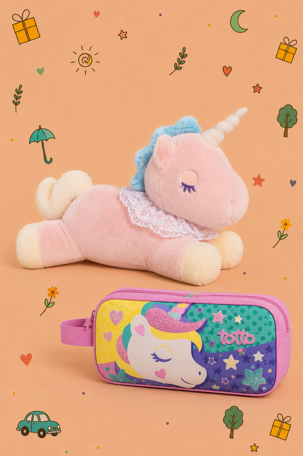 Kit Unicórnio Peluche + Estojo Duplo TOTTO | Presente Infantil | Disponível em 2 cores