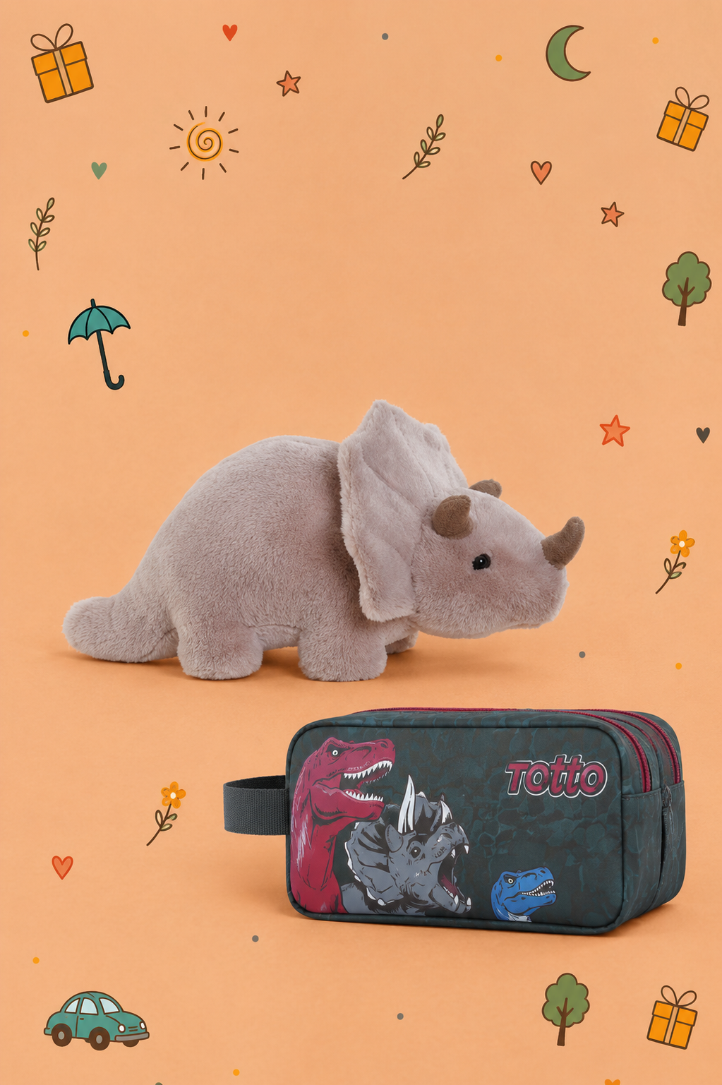 Kit Dinossauro Aventureiro | Peluche Gigante + Estojo Duplo TOTTO | Peluche disponível em 3 modelos