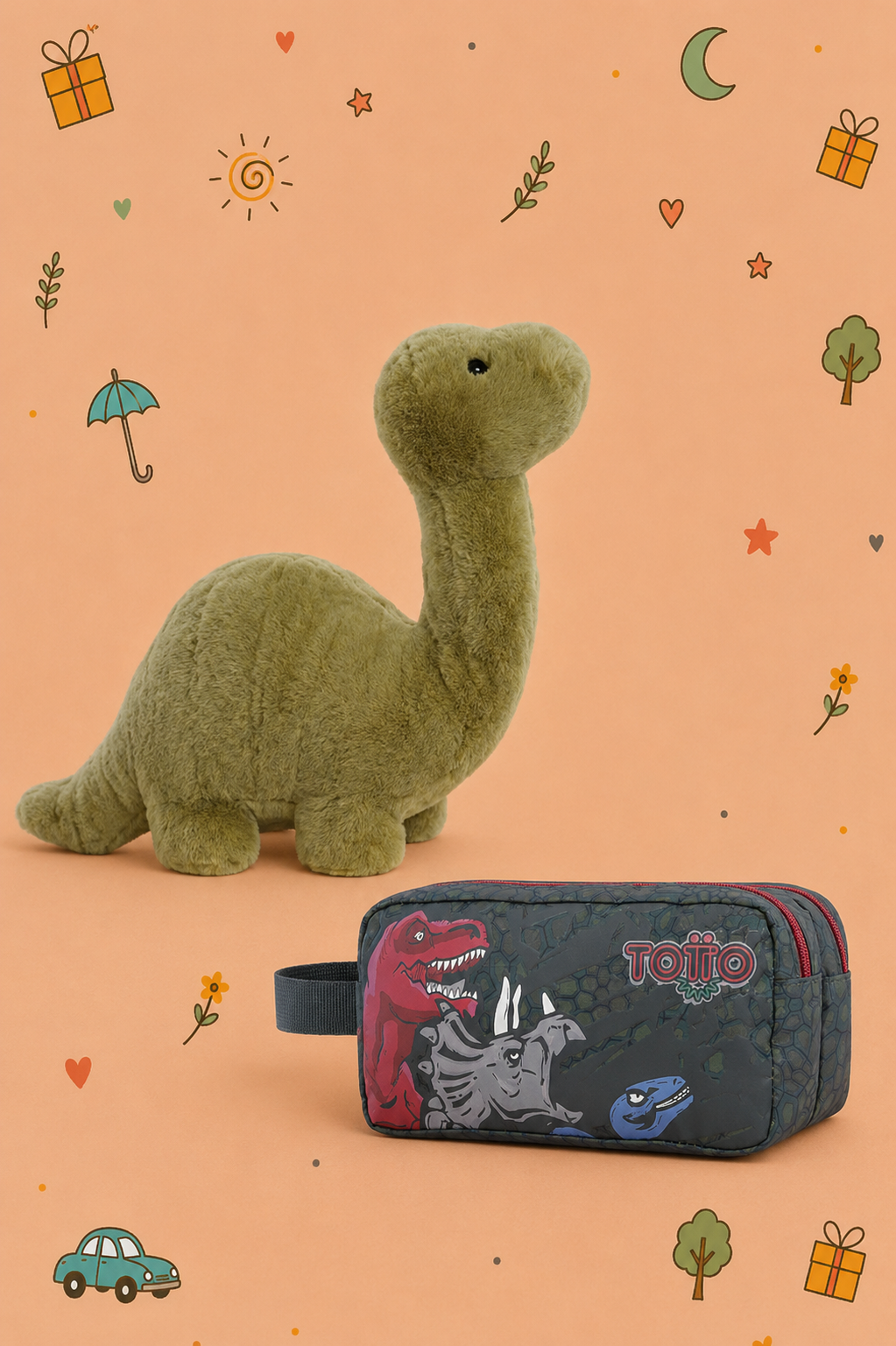 Kit Dinossauro Aventureiro | Peluche Gigante + Estojo Duplo TOTTO | Peluche disponível em 3 modelos