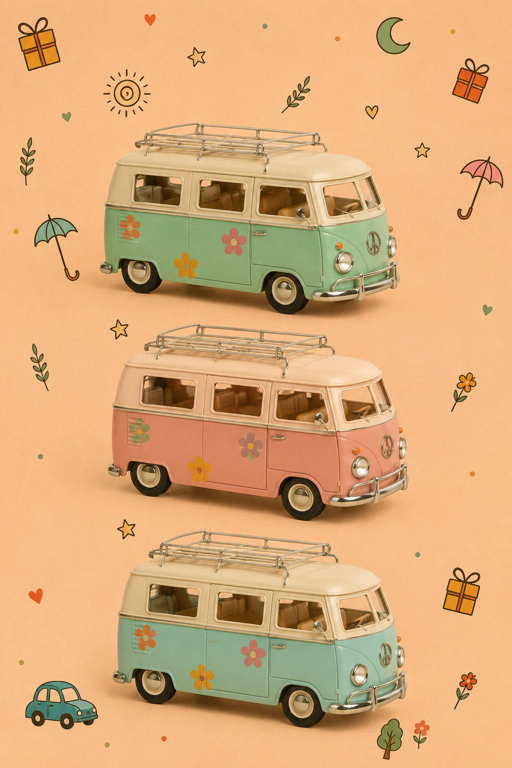 Carrinha Hippie Pão de Forma com Flores | Decoração Vintage em Metal | Disponível em 3 Cores