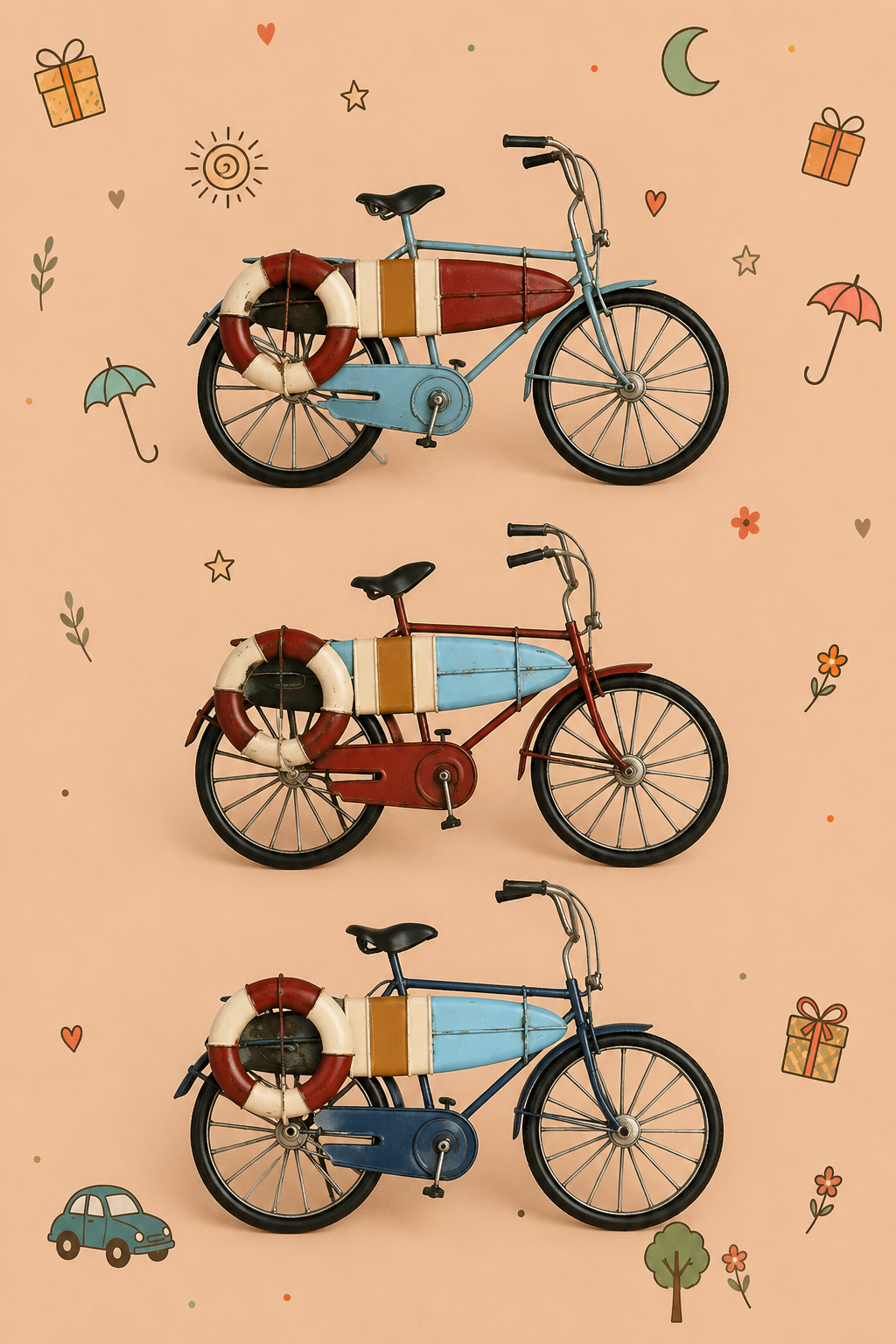 Bicicleta com Prancha de Surf em Metal | Decoração Vintage | Disponível em 3 Cores