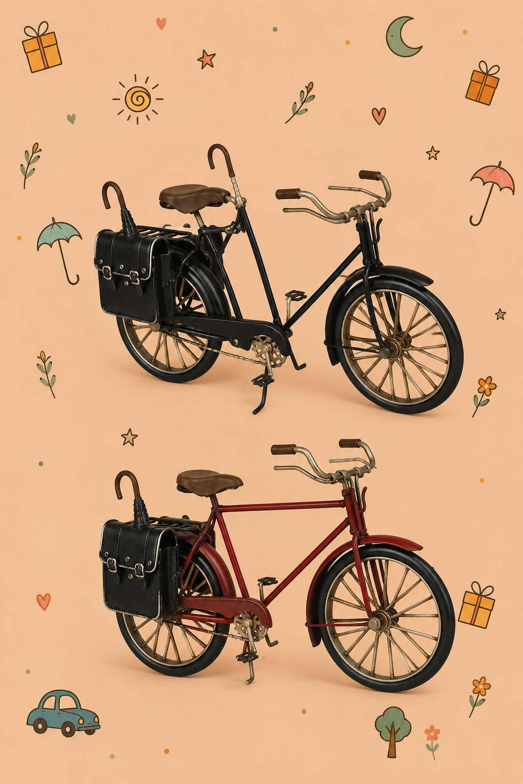 Bicicleta Vintage com Bolsas e Chapéu de Chuva | Decoração em Metal | Disponível em 2 Cores