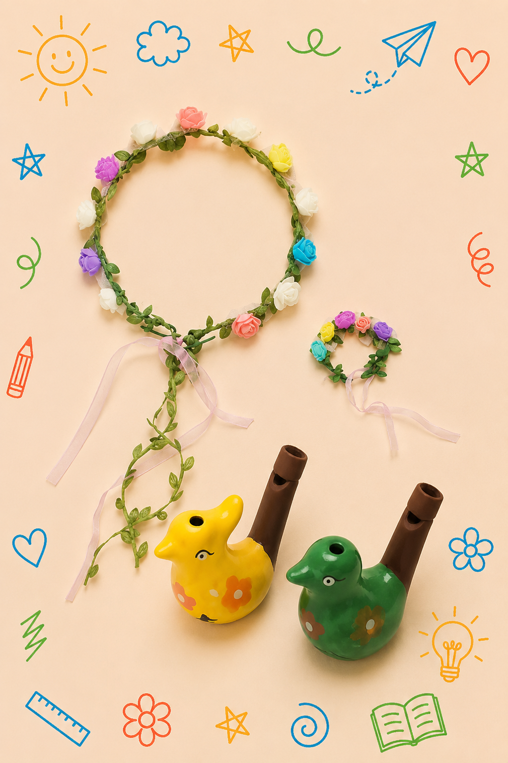 Kit Criativo Educativo - Princesa Medieval | Tiara e  Pulseira de Flores | Passarinhos de Água Musicais | Guia prático para o adulto acompanhar | Acessórios para desenho e escrita