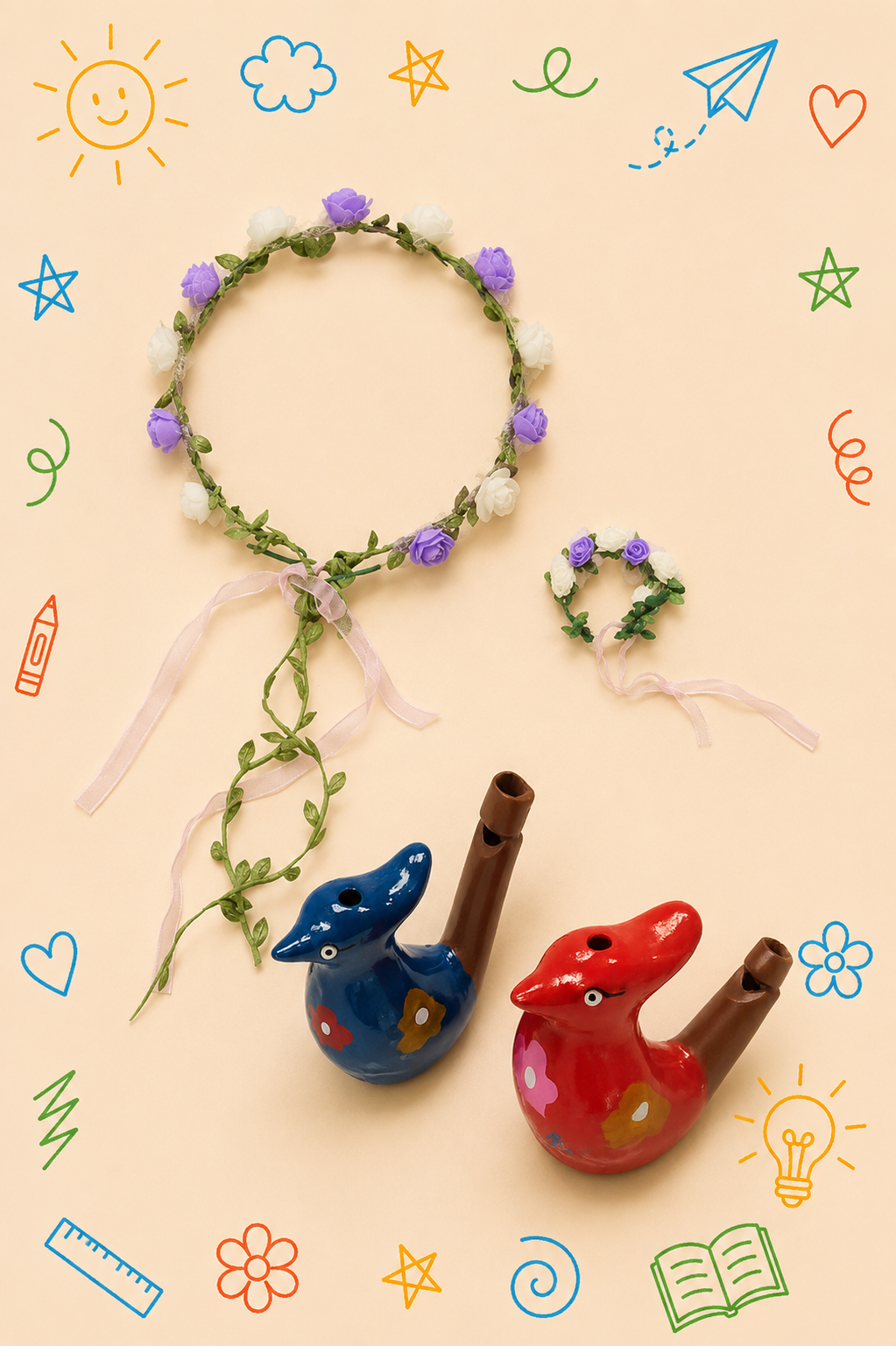 Kit Criativo Educativo - Princesa Medieval | Tiara e  Pulseira de Flores | Passarinhos de Água Musicais | Guia prático para o adulto acompanhar | Acessórios para desenho e escrita