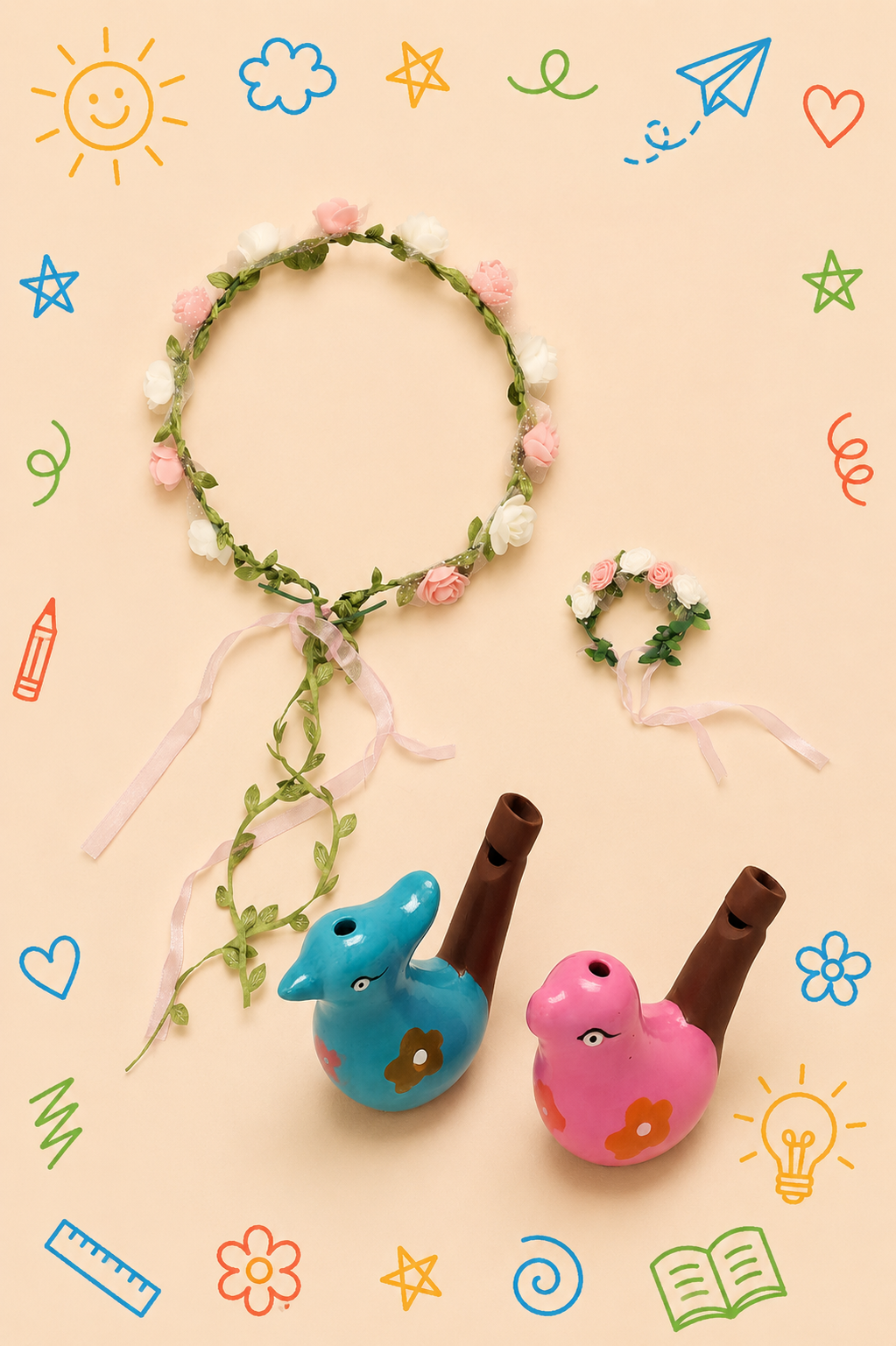 Kit Criativo Educativo - Princesa Medieval | Tiara e  Pulseira de Flores | Passarinhos de Água Musicais | Guia prático para o adulto acompanhar | Acessórios para desenho e escrita